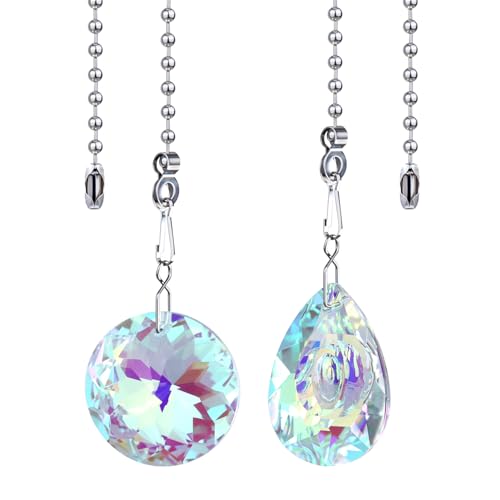 Image of 2Pcs Colorful Glass Ceiling Fan Pull Chain,14in Fan String Suncatcher Pulls Charm Decoration Extension, 3mm Beaded Crystal Chains Extender Ornaments with Connector