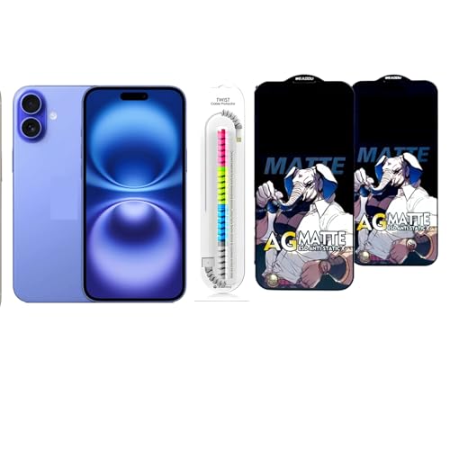 Image of Edge To Edge Matte Tempered Glass Screen Protector Compatible With iPhone 16, 9H Hardness, Anti-Fingerprint, FHD Clear With Cable Protector Pack 2