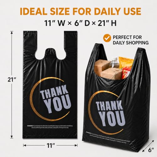 Image of YoYoRain Black Thank you T shirt bag, Grocery shopping bag Reusable and Disposable Supermarket Bag 11''x6''x21'' 300PCS