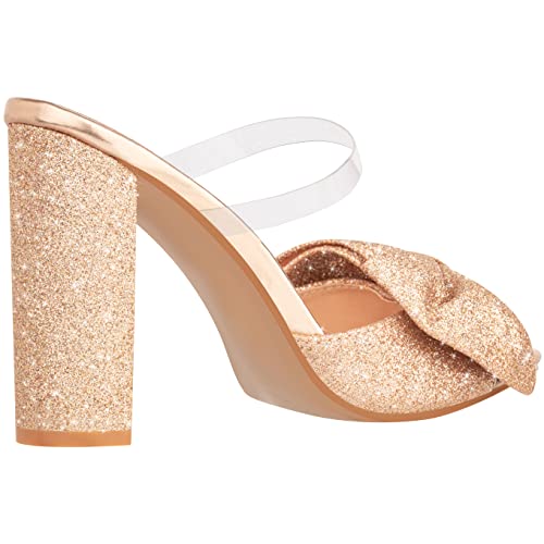 ILLUDE Women’s Chunky Block Heel with Bow Clear Pointed Toe Heeled Sandal Slip On Mule - Rosa3