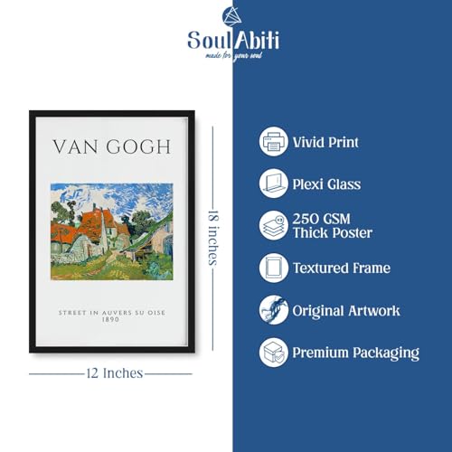 Image of SoulAbiti Street in Auvers-sur-Oise - 1890 & The Starry Night 1889 Framed Wall Art Print Set of 2 12x18 inch Black Frame Plexi-Glass Famous Painting Art Prints Home Living Room Bedroom Office Decor