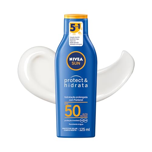 NIVEA SUN Protetor Solar Protect & Hidrata FPS 50 125ml, Alta Proteção UVA/UVB, Hidratação Prolongada, Rápida Absorção, Pantenol, Cuidado Solar Corporal e Facial