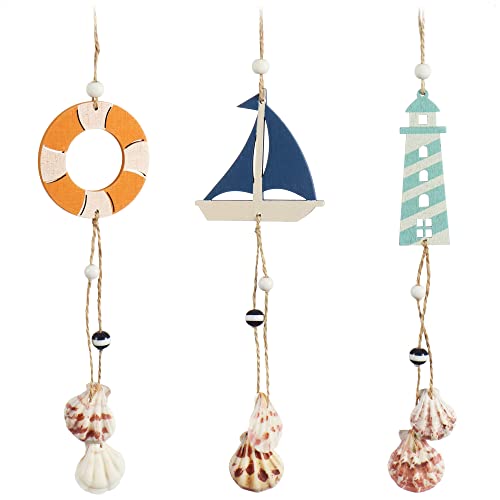 COM-FOUR® 3X décoration à Suspendre Maritime - Bateau, Phare et bouée de Sauvetage avec Coquillages - décoration à Suspendre en Bois (3 pièces - 35cm)