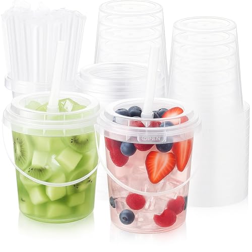 TREEHAC 50 Sets Clear Plastic Drink Buckets 24 oz PP Pails with Lids Straws and Handles Disposable Cups for Ice Cream Outdoor Holiday Travel Beach Birthday Pool Party Supplies