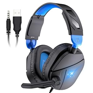 Gaming Headset for PC, Gaming Headphones 2m Wired Over Ear Headphones with Noise Canceling Mic, PS4 PS5 Headsets with Soft Earmuffs, Stereo, RGB Light, 3.5mm Audio Jack for Mac Laptop, Blue