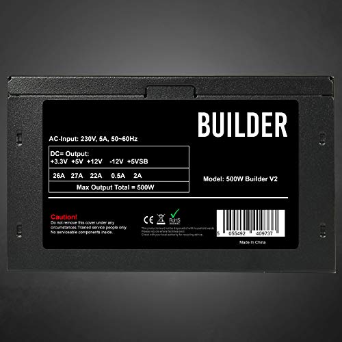 Builder - Alimentatore da 500 W, non modulare, PPFC, efficienza del 70%, ventola di raffreddamento da 12 cm, eccellente alimentatore entry-level, nessun cavo di alimentazione incluso, nero - Alimentatore - Immagine 5