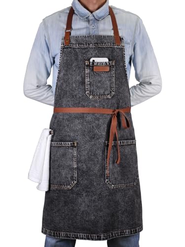 DingSay Trendy Denim Apron with Pockets, Mens Womens Professional Black Kitchen Bib Apron for Chef Cooking Grill BBQ, with Towel Loop and Adjustable Neck Straps