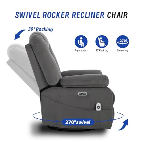 Image of Power Swivel Rocker Recliner Chair for Adults, Electric Rocking Recliner with Massage and Heat for Living Room Bedroom, Fabric Reclining Sofa Chair with USB and Type-C Ports,Gray