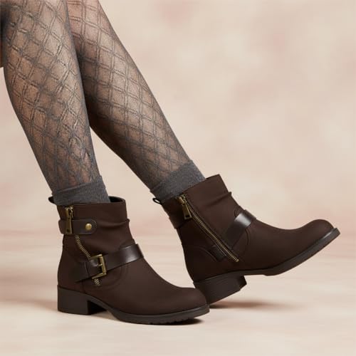 Image of Dunes Max Motorcycle Womens Ankle Boots - Comfortable Booties for Women with Zipper & Buckle, Combat Boots Style, Memory Foam, Wide Width Options