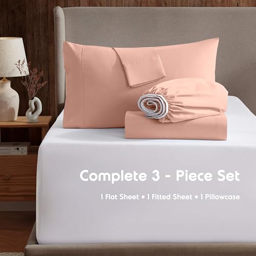 Image of Nestl Twin Bed Sheet Set - Peach - 3-Piece Deep Pocket | Instantly Soft, Night-One Ready (No Wash Required). Fits 16-Inch Deep Pockets, 360-Degree Elastic Grip
