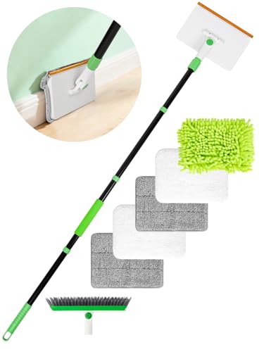 4 en 1 Herramienta de Limpieza Zócalos con Mopa Extensible 5 Almohadillas Reutilizables 1 Cepillo Cerdas Duras Rastrillo para Alfombras Mopa para Limpiar Azulejos y Paredes Ventana Parede Suelo Baño
