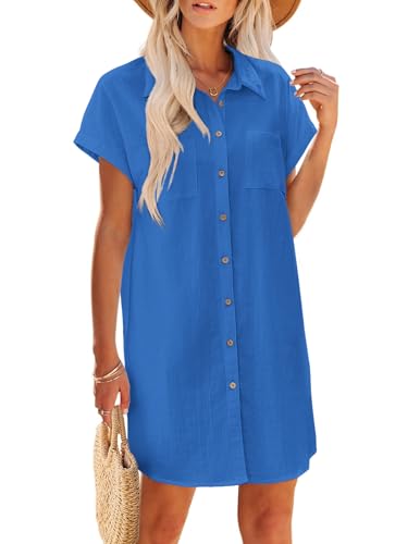 Image of Zeagoo Summer Dresses for Women 2025 Cotton Button Down Short Sleeve Tshirt Dresses Casual Mini Beach Dress