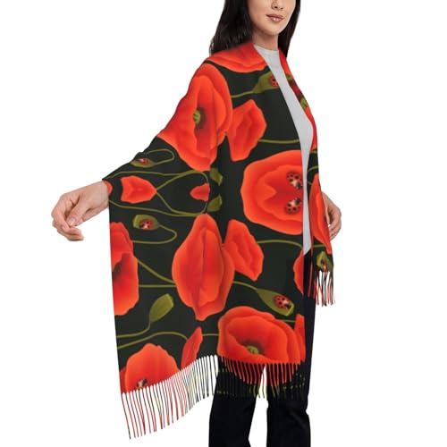 Poppy Flowers Print Women'S Fringed Scarf Soft Lightweight Polyester Tassel Scarf Fall Winter Fashion4