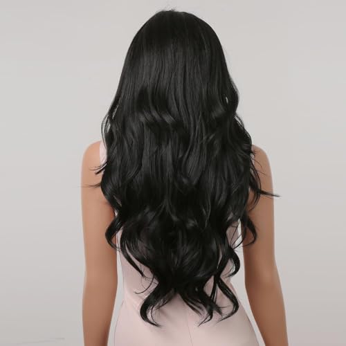 Image of Black Wavy Wigs with Bangs for Women Glueless Black wigs Synthetic Long Black Wigs Natural Looking Heat Resistant for Daily Party look