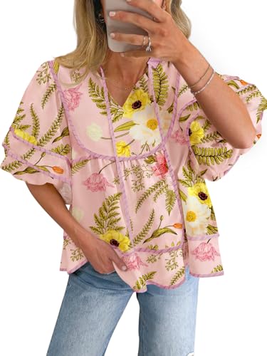 Cicy Bell Womens Summer Floral Babydoll Tops V Neck Short Lantern Sleeve Shirts Cute Loose Fit Flowy Blouses