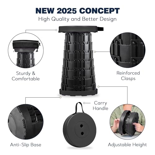 Image of Collapsible Stool Max 620lbs & 3-in-1 Cushioned Carry Bag, Portable Telescopic Stool for Adults, Adjustable Height Retractable Folding Seat or Footrest for Camping Hiking Travel