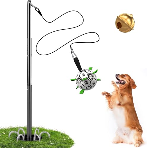 QDAN Tether Tug Outdoor Dog Toy Durable Interactive Dog Toy with Adjustable Pole Outdoor Toys for Dogs Soccer Ball Self-Play & Tug of War Toy for Small Medium Large Dogs