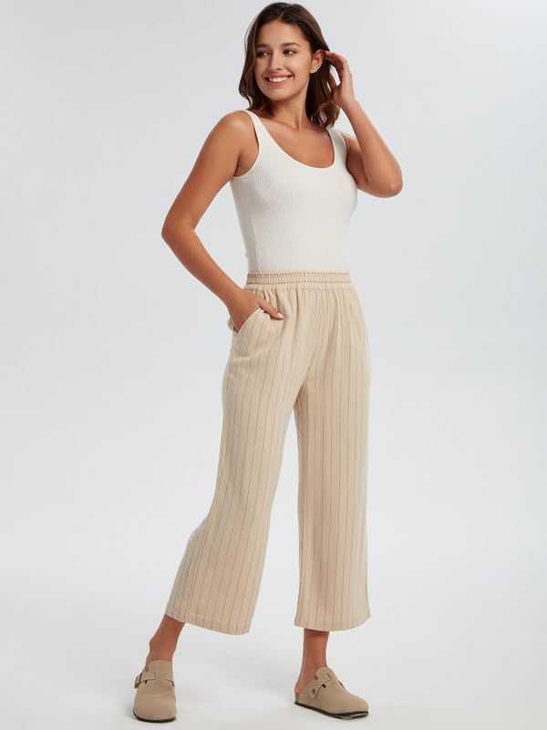 Les umes Womens Wide Leg Pants High Waist Linen Rayon Blend Harem Trousers Plus Size with Pockets Elastic Waist Casual Summer