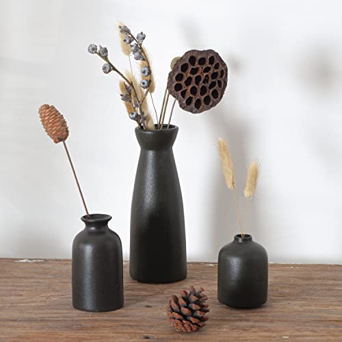 Cemabt Black Ceramic Vase Set-3 Small Flower Vases For Decor,Modern Boho Farmhouse Home Decor,Decorative Vase For Pampas Grass&Dried Flowers,Idea Shelf,Table,Bookshelf ，Entryway- Distressed #TOP6