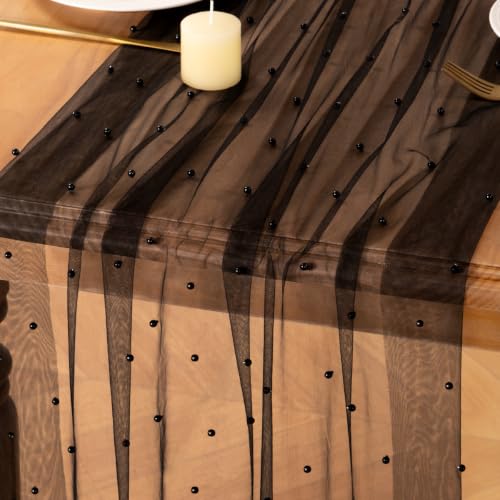 Image of MLMC Black Pearl Table Runner Sheer Tulle Cheesecloth Table Runner 10Ft | Boho Rustic Beaded Gauze Table Runner Lightweight Cheese Cloth Centerpiece for Wedding Events Home Decoration 29 inchx120 inch