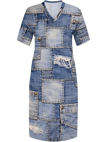 Image of SUZONANA Plus Size Denim Print Maxi Dresses for Women Casual V Neck Short Sleeve with Pockets Soft Jean Look Dress XL-6XL