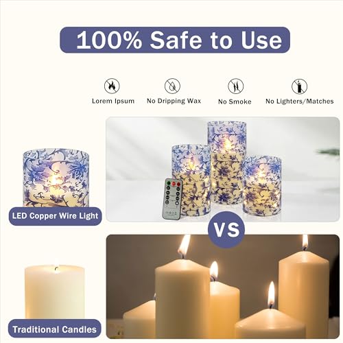 Image of Floral Flameless LED Pillar Candles with String Lights, 3pcs Blue and White Battery Operated Flickering Candles with Timer Remote,Chinese Porcelain Style Candle for Wedding Mother's Day Home Decor