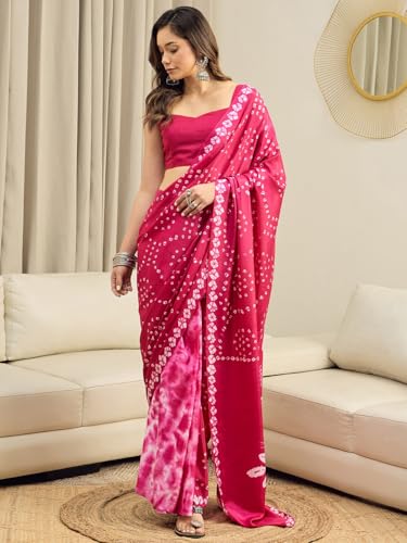 Image of AKHILAM Women's Bandhani Printed Chiffon Ready To Wear Saree With Unstitched Blouse Piece