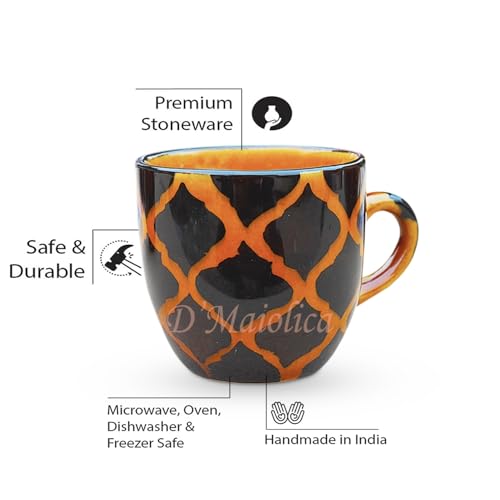 Image of D'Maiolica Handpainted Ceramic Small Cups 12 Pcs Set | Cups for Tea,Coffee,Espresso | Beautiful Small Coffee Mug Set | Ideal Gifting Option | Brown &Black Morrocon Pattern (Black &Brown Handpainted)