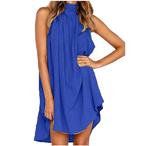 Sommerkleider Damen 2023 Casual Neckholder Leinen Kleid Ärmellos Swing Flowy Plissee Strand Mini Sonnenkleider, blau, Medium
