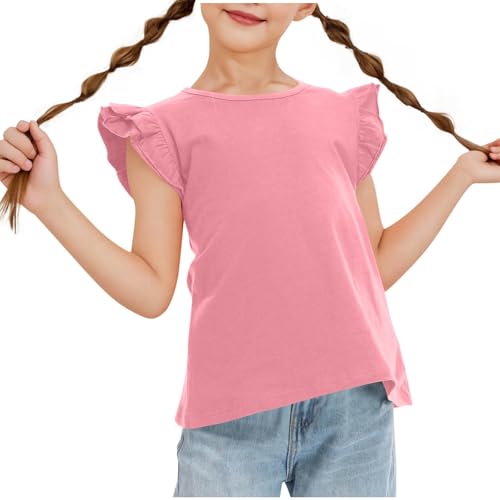 Girls Flutter Sleeve Shirts Comfy Cotton Blend Summer Crewneck Tee Tops Kids Girls Solid Color Casual Cute Tee Blouse