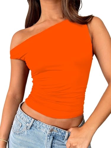 ForeFair Womens Off Shoulder Tops Sleeveless Going Out Crop Tank Tops Slim Fitted Shirts Summer Outfits Y2K Cute Tops(M,Orange)