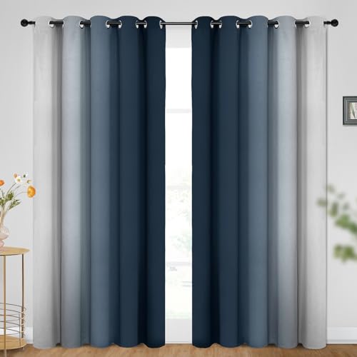 Image of SimpleHome Ombre Navy Blue to Grey White Curtains for Living Room 70Wx84L | Room Darkening Curtains for Bedroom,Gradient Light Blocking Curtain,Thermal Insulated Grommet Window Drapes,2 Panels,84 Inch
