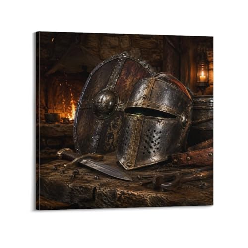 XKUGA Póster de escudo medieval, banca, armadura, reliquia, moderno, decorativo, arte de pared ideal para familia, cueva de hombre, sala de juegos, dormitorio de niños y niñas, 40 x 40 cm