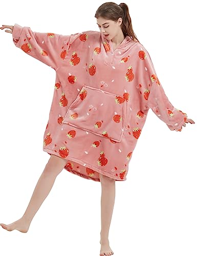 Image of ABENCA Wearable Blanket Hoodie Adult Oversized Sweatshirt Light Flannel Sherpa, Warm and Cozy, One Size Fits All.Strawberry