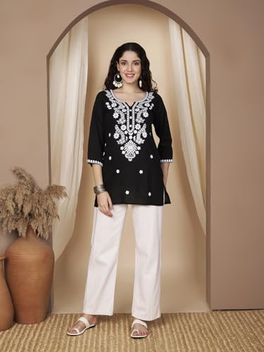 Image of Short Kurti for Women for Jeans, Chikankari Kurtis for Ladies, Lakhnavi V- Neck Women's Tunic Design Kurta, Floral Kurtas & Tunics for Woman