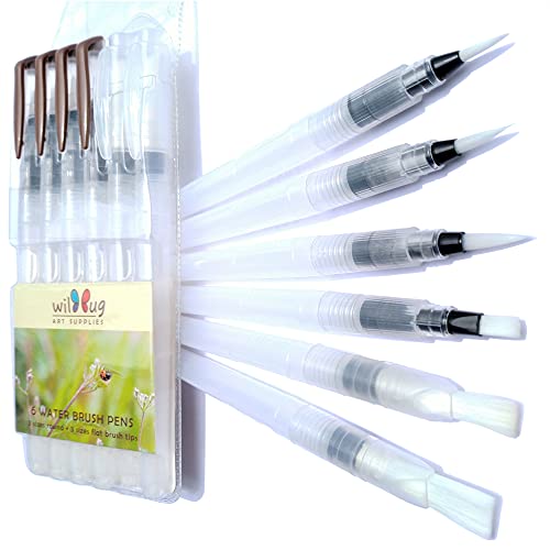 Water Brush Pens for Watercolor â€“ 6 Refillable Aqua Brushes with Round and Flat Tips â€“ Easy Clean, Waterbrush Paint Pens â€“ Fillable Water Color Pen Set for No-Mess Coloring and Painting