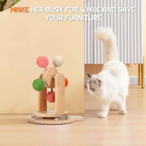 Cat Wheels for Indoor Cat,2-in-1 Cat Toy Ball Track,Interactive Cat Scratching Ball Toy Cat Scratcher Ball Solid Wooden Base - Image 5