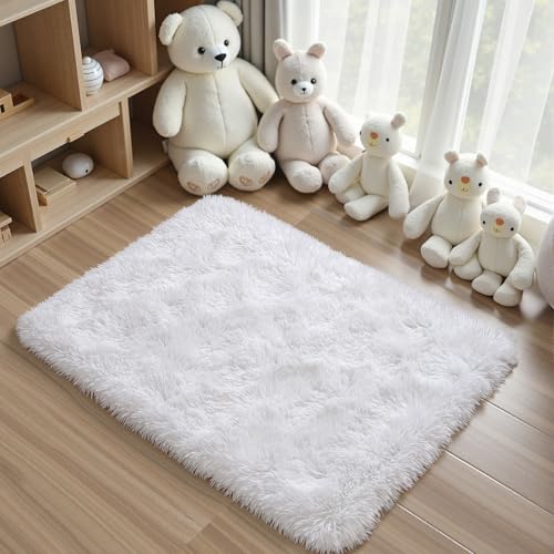 Small Bedside Rug, 2x3 Non Slip Fluffy Shaggy Entryway Throw Rugs for Bedroom Living Room, Indoor Floor Carpet for Kids Girls and Boys, Nursery Rooms Mat, Home Decor Aesthetic, White