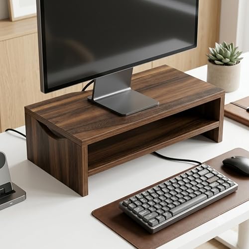 Image of Home Sparkle Monitor Stand Riser, 2 Tiers Laptop Computer Monitor Riser for PC Screen, iMac, Desktop Wooden Screen Monitor Stand Riser with Storage Organizer for Home Office
