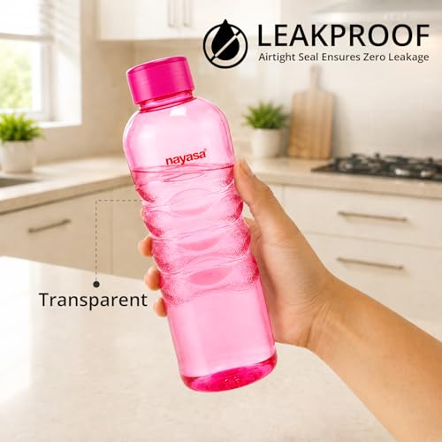 Image of Nayasa Revello 1000 ML Pet Plastic Fridge Water Bottles Set of 6 | BPA Free | Leak Proof | Airtight Lid | Pink