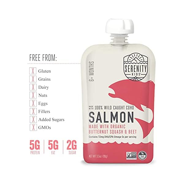 Serenity-Kids-Baby-Food-Pouches-Wild-Caught-Coho-Salmon-with-Organic-Butternut-Squash-and-Beets-For-6-Months-35-Ounce-Pouch-6-Pack Serenity Kids 6+ Months Baby Food Pouches Puree Made With Ethically Sourced Meats & Organic Veggies | 3.5 Ounce BPA-Free Pouch | Wild Caught Salmon, Butternut Squash, Beet | 6 Count