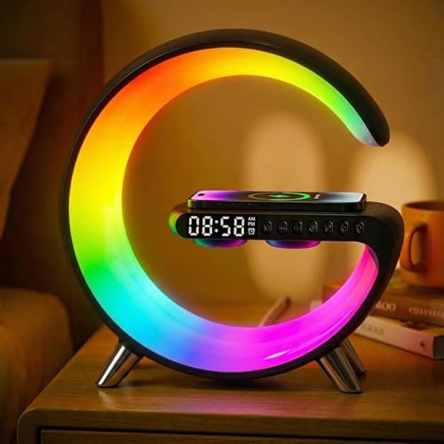 LeeNabao 5-in-1 Smart Bedside Lamp with Bluetooth Speaker & APP Control Wireless Charging Station Sunrise Alarm Clock RGB Mood Light Ideal Gifts for Home Office Christmas (Black)