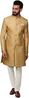 kisah Men's Indo-Western Sherwani Churidar Set, Mustard Silk Blend, Jacquard Regular Fit Mandarin Collar Long Sleeves-picture-22