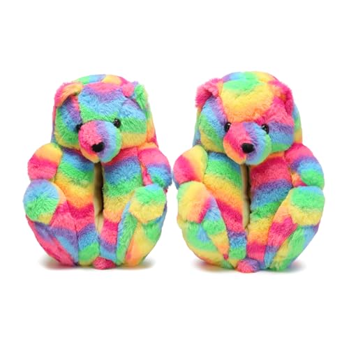 Fuzzy Women's Rainbow Teddy Bear Slippers,Cozy Women Indoor House Shoes,Fun Costume for Adults,Cute Bedroom Slippers for Women Birthday Valentine's Gift Ideas