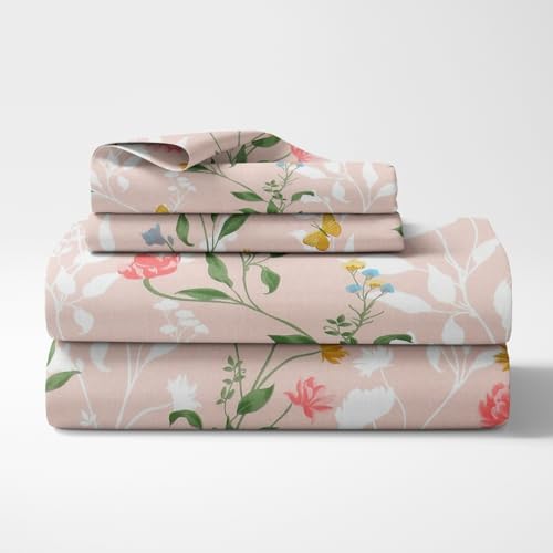 Image of Haus & Kinder Elastic Fitted Bedsheet for Queen Size Bed | 186 TC Bed Sheet Double Bed Elastic Fitted Cotton with 2 Pillow Covers (50x78x10 Inches) - Blush Vineyard