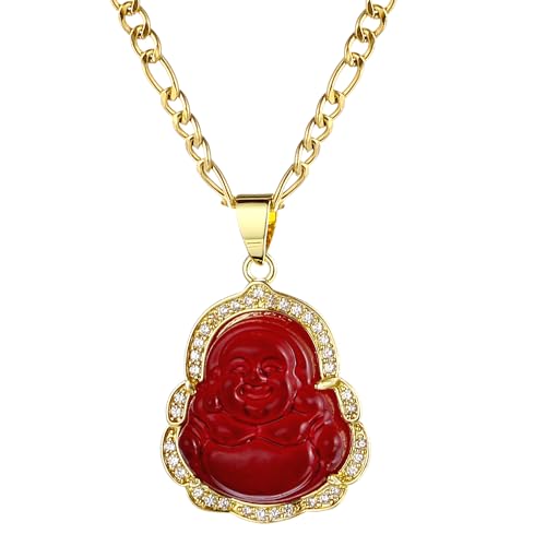 yipima Buddha Pendant Necklace for Women Men 18K Gold Plated Zircon Inlay Multi-color Buddha Head for Protection 3MM Flat Figaro Necklace Chain (chain length:22 red)