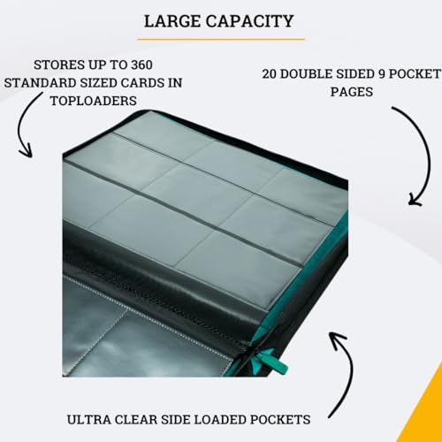 Image of Card Guardian - Toploader 9 Pocket Premium Binder with Zipper for 360 Cards - Side Loaded Pockets - Compatible with Sports and Trading Cards TCG (Green)