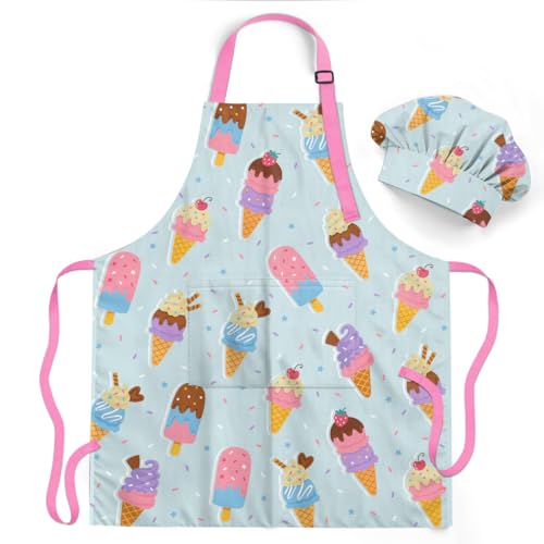 Ice Cream Kid Apron for Girls with Pocket & Chef Hat, Polyester Baking Painting Gardening Apron, Gift for Christmas Birthday