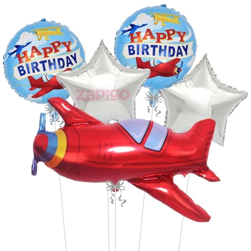 Image of Balloonistics Aeroplane Theme Happy Birthday Balloon Bouquet Pack Of 5