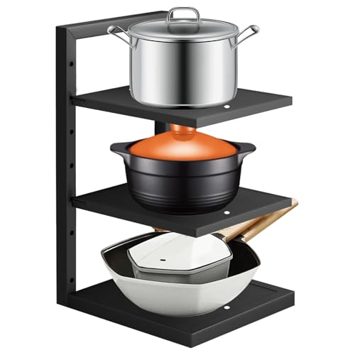 Sibosen Pots and Pans Organiser,3 Tier Snap-on and Adjustable Saucepan Storage Rack,Carbon Steel Pot and Pan Stand Holder for Kitchen Cupboard,26 x 22 x 42 cm